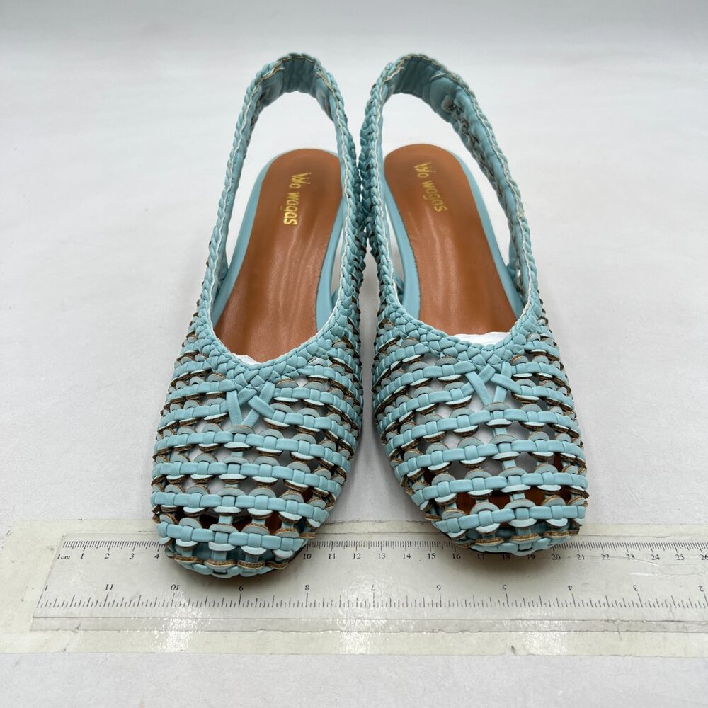 Wo Wagas Blue Slingback Strap Square Toe Pumps Slip On Kitten Heel Woven Sandals - Picture 3 of 8